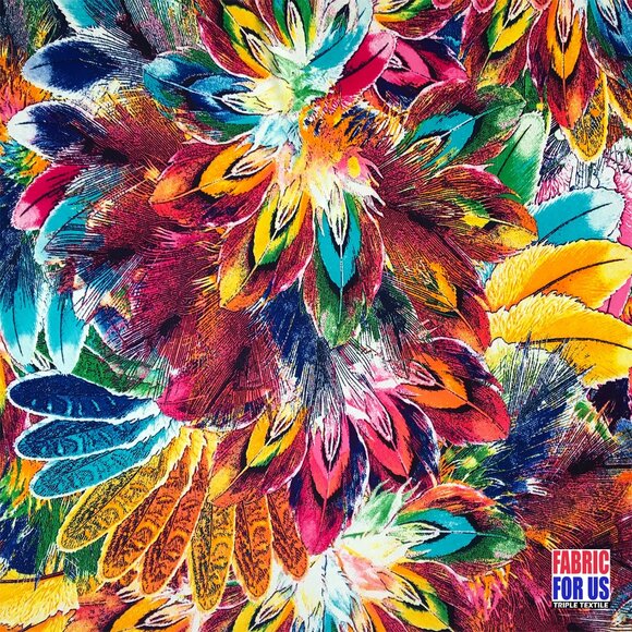 Peacock Feathers Scarlet / Multi-Color Stretch Poly-Spandex Print Fabric 58" Wid - Picture 1 of 3